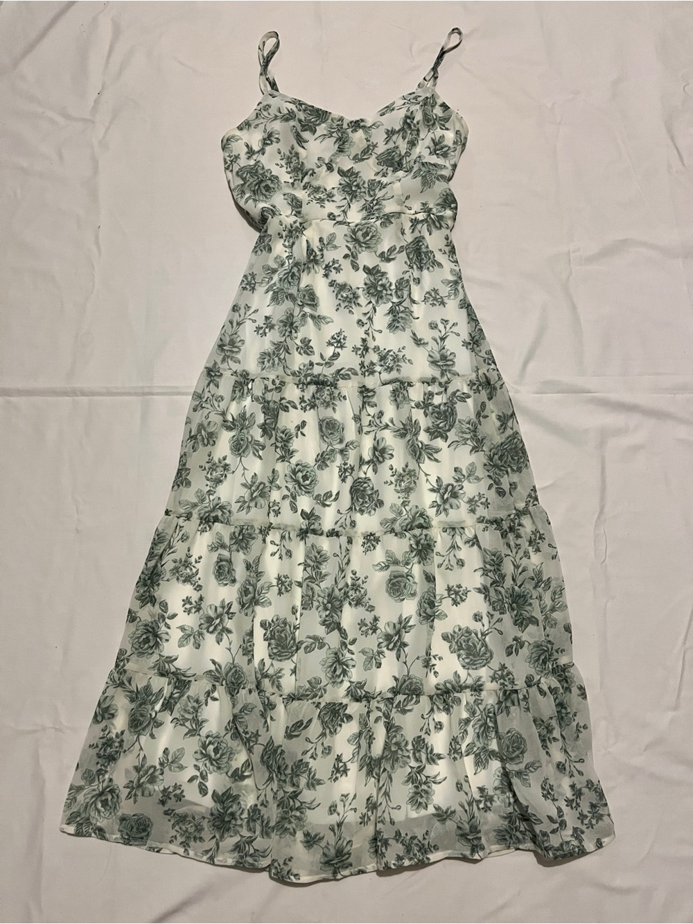 Trixxi Sage Green & White Floral Tiered Maxi Dress - Size M